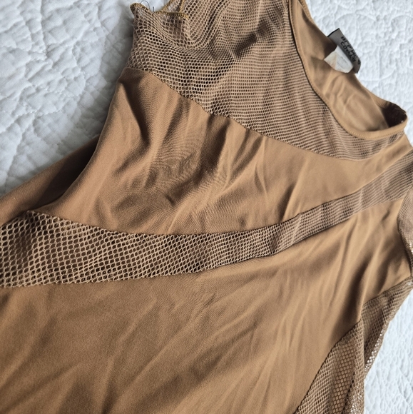 Vintage Costa Blanca Honey Brown Mustard Mesh Fishnet Panel Cap Sleeve Top - Picture 6 of 11